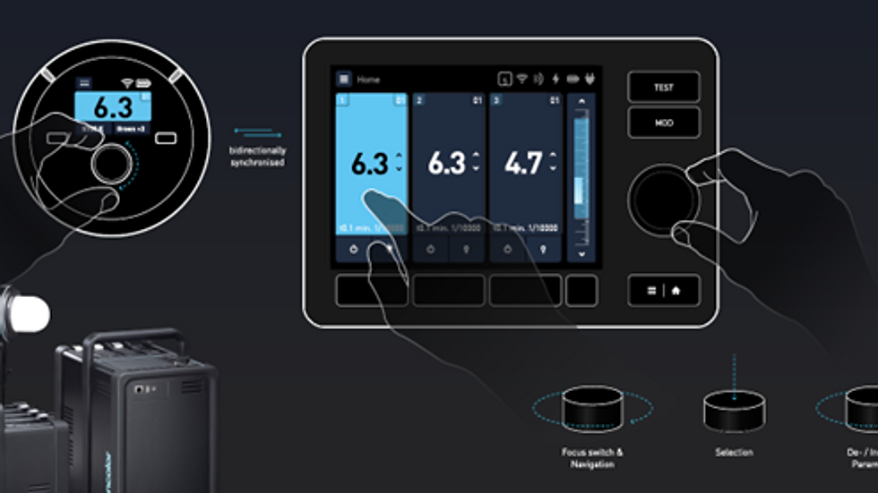 Close-up view of a Broncolor Satos generator control panel.