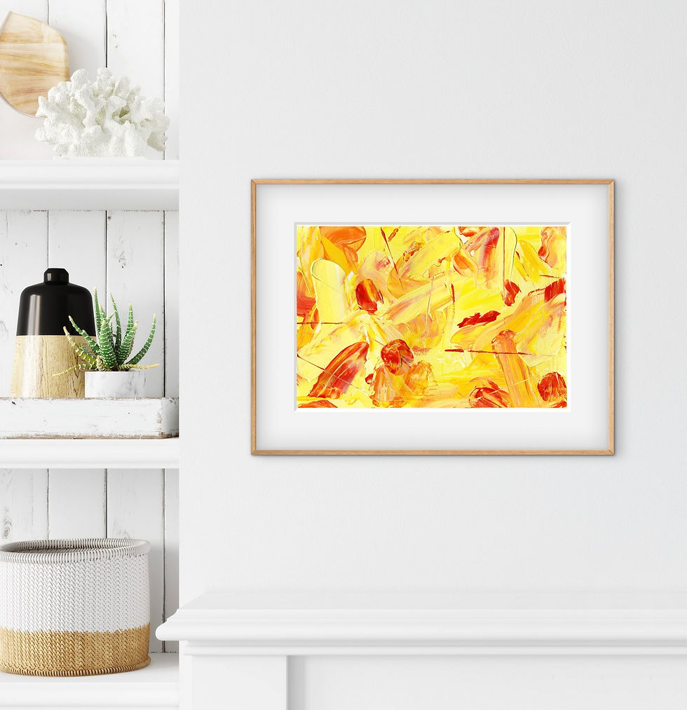 Original A4 acrylic painting Burning Horizon with vibrant abstract sunset in warm yellow, orange, and red tones