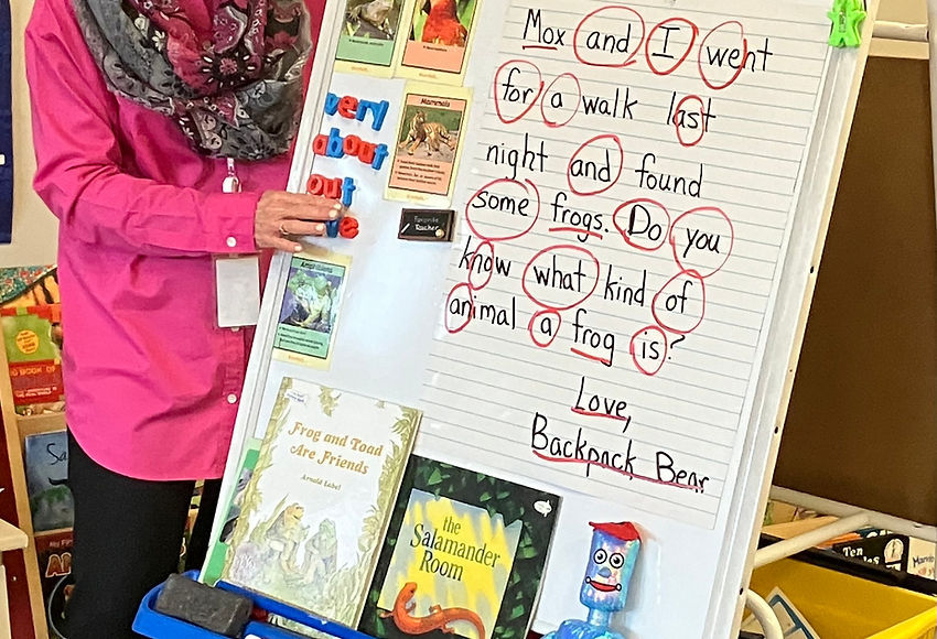 Teacher presents a frog-themed lesson; "Max and I went for a walk last night and found some frogs. Do you know what kind of animal a frog is? Love, Backpack Bear"