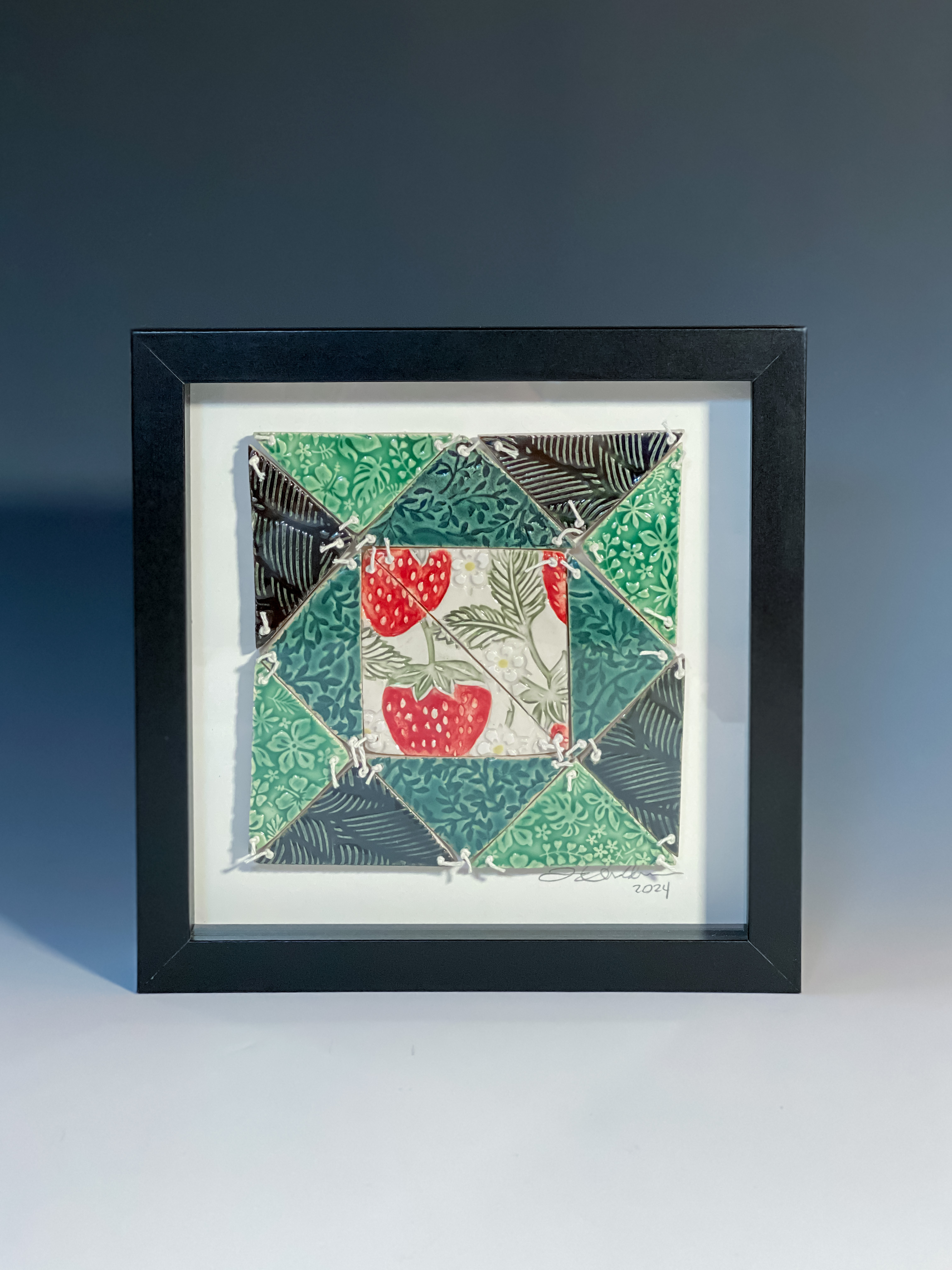Porcelain Quilt Square Wall Art – “Strawberry Patch” (Framed)