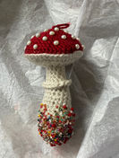 Red Crocheted Beaded Mushroom Ornament.JPG