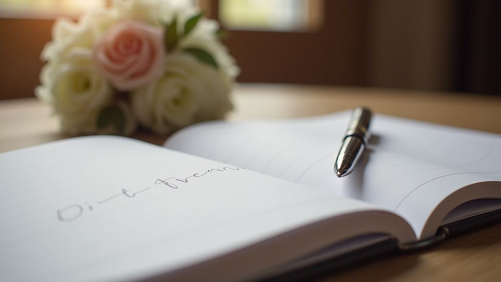 Eye-level view of a beautifully decorated guestbook with a pen
