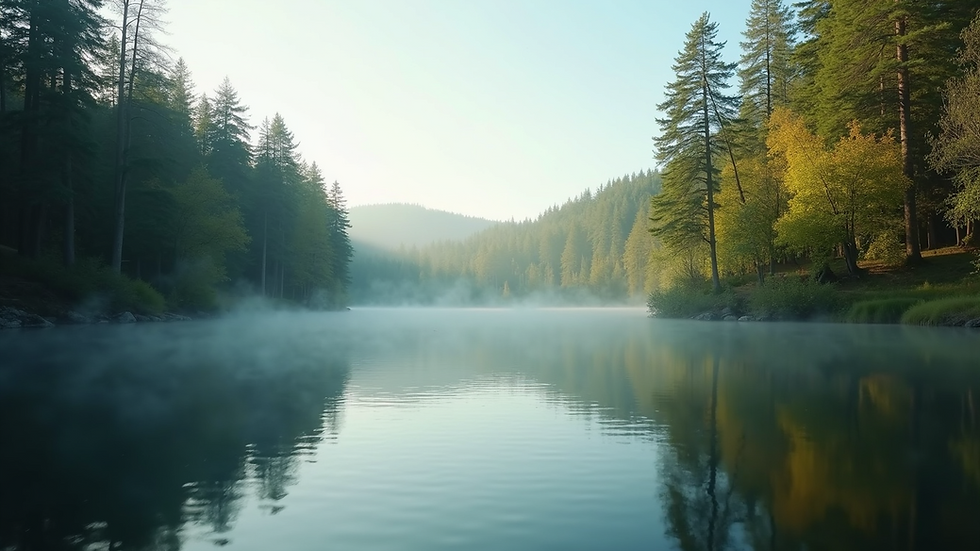 Eye-level view of a serene lake surrounded by trees