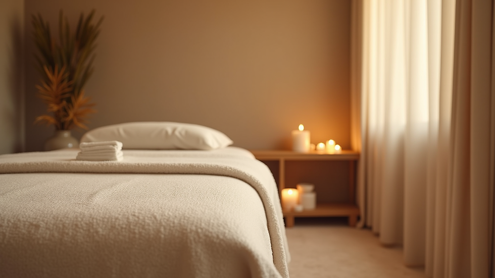 Eye-level view of a serene massage room with soft lighting and calming decor
