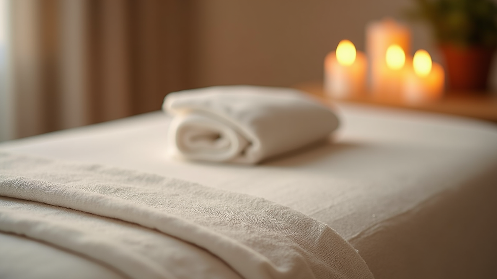 Close-up view of a massage table with soft linens and calming candles nearby