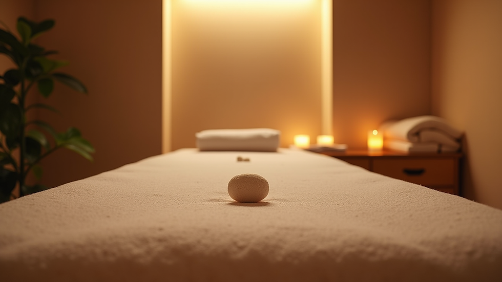 Eye-level view of a cozy massage room with soft lighting and a neatly arranged massage table