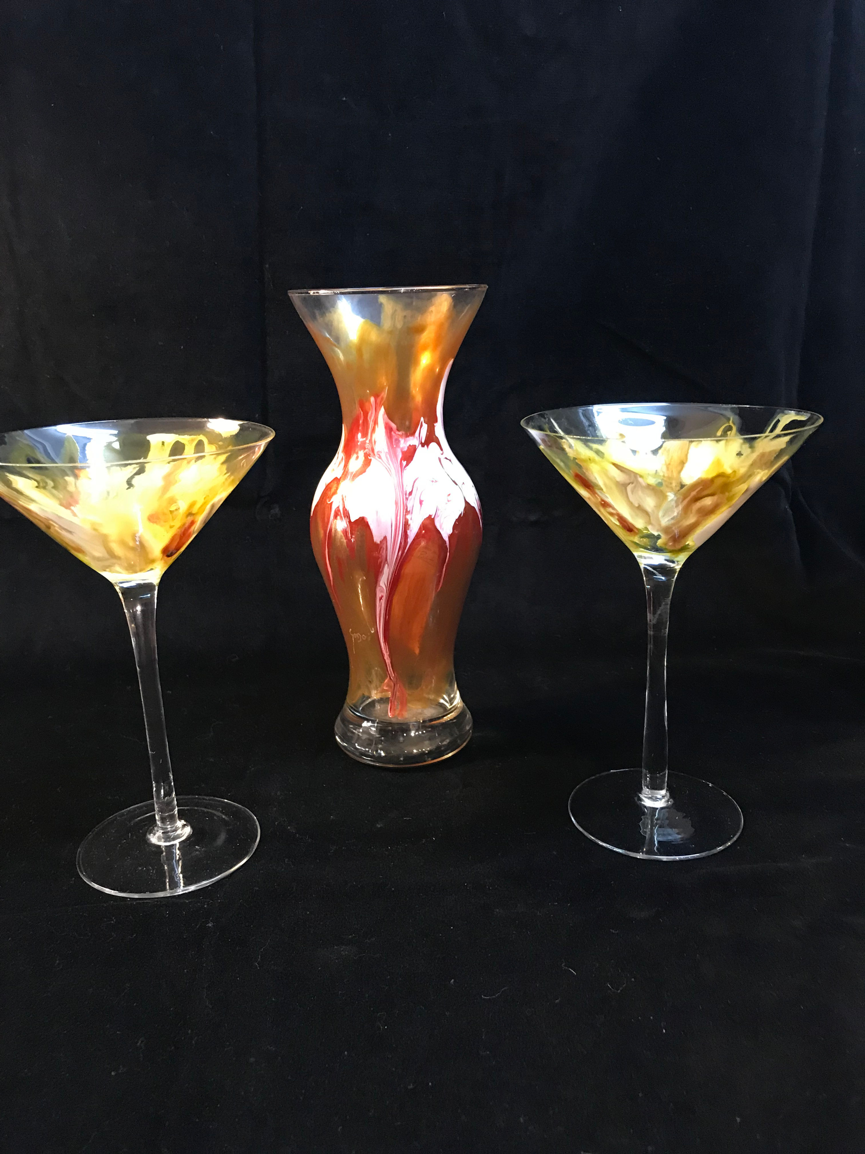 Ai Gonoi Signed,hand painted, hand blown 3pc vase and martini glasses