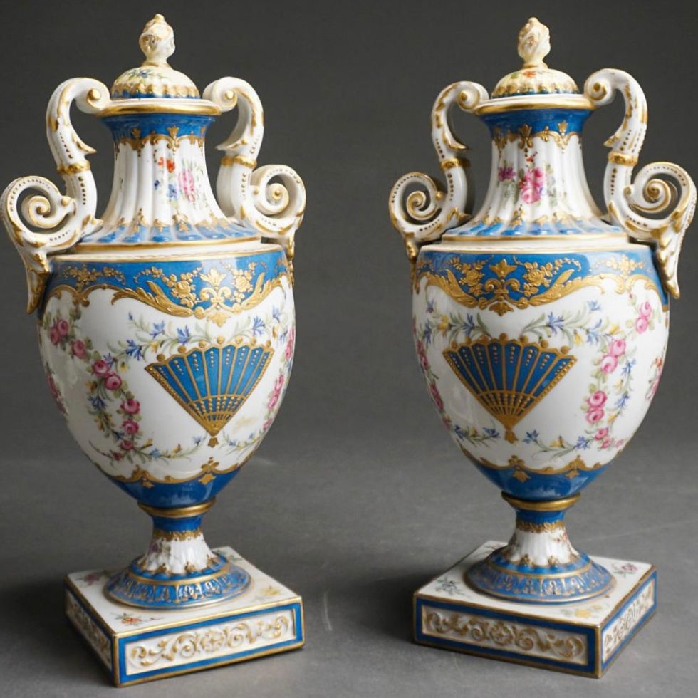 Thumbnail: Pair of Sèvres-Type Porcelain Gilt Covered Urns