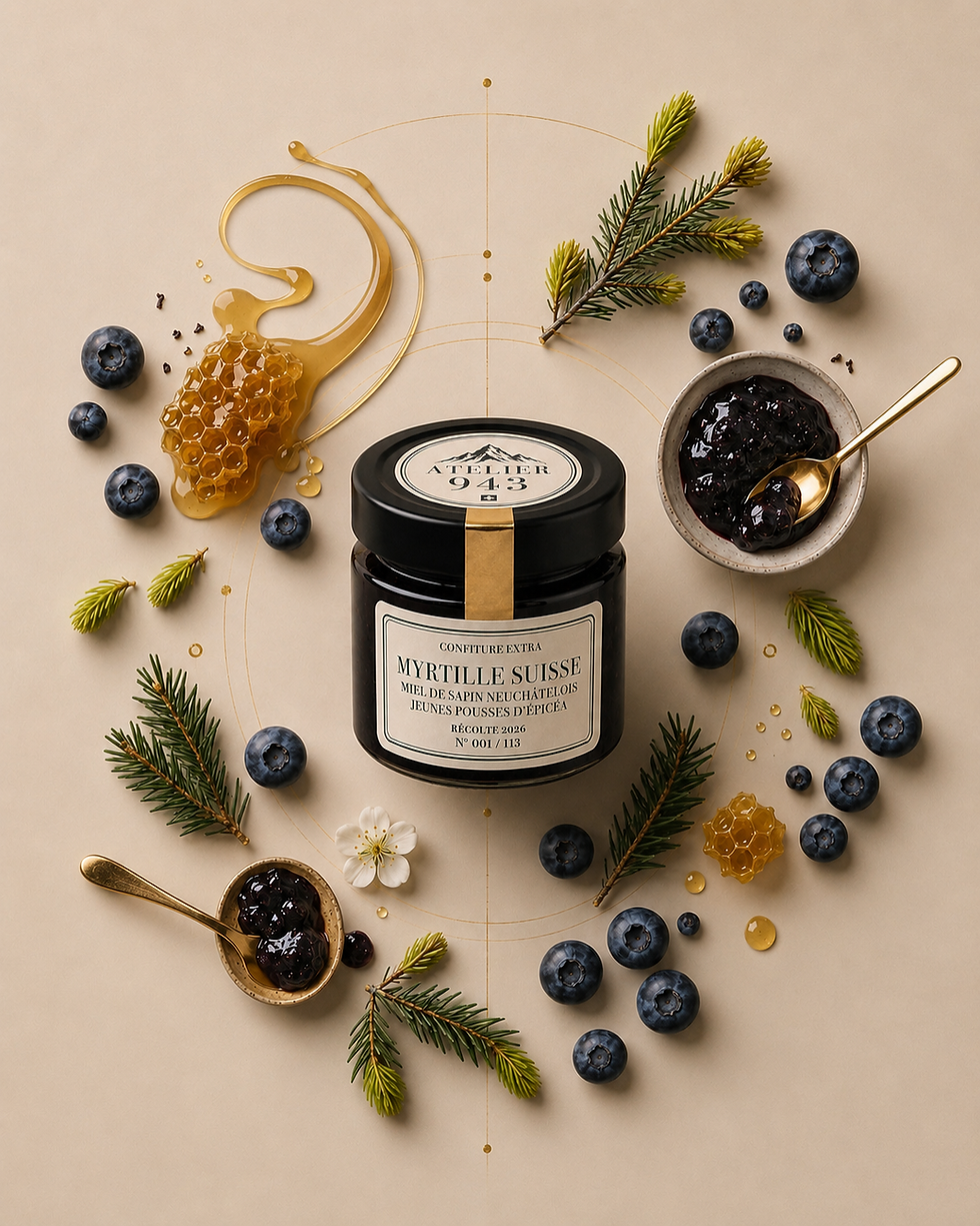 Confiture de myrtille suisse au miel de sapin et jeunes pousses d’épicéa – ATELIER 943