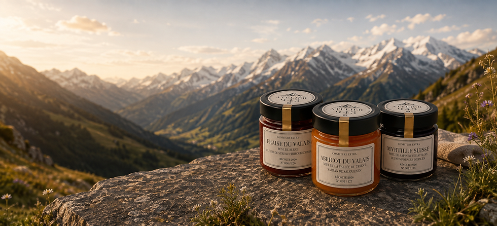 Trois confitures ATELIER 943 de la Récolte 2026 dans un paysage alpin suisse
