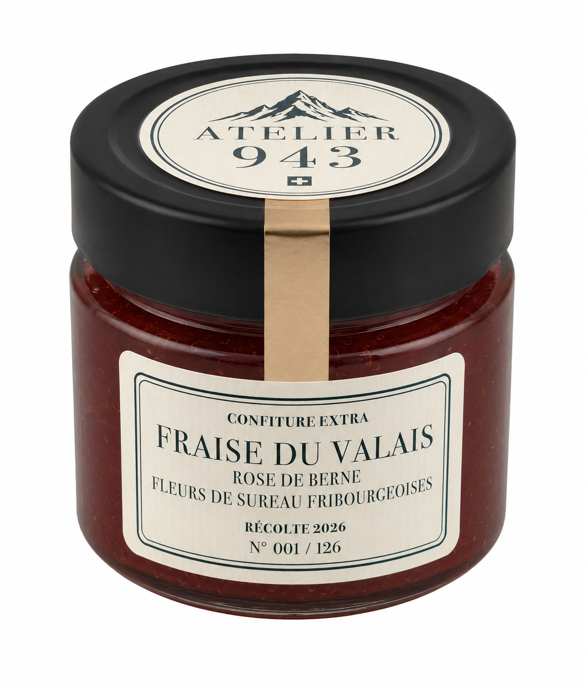 Pot de confiture extra de fraise du Valais, Rose de Berne et fleurs de sureau fribourgeoises