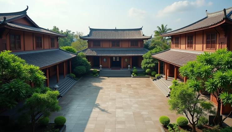 Góc nhìn từ trên cao cho thấy bố cục bốn dãy nhà bao quanh sân trong rộng rãi