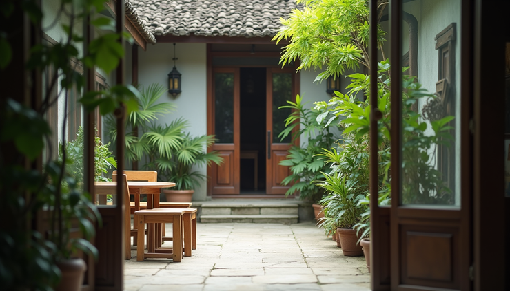 Góc nhìn cận cảnh sân trong Tứ Hợp Viện với cây xanh và bàn ghế gỗ đơn giản