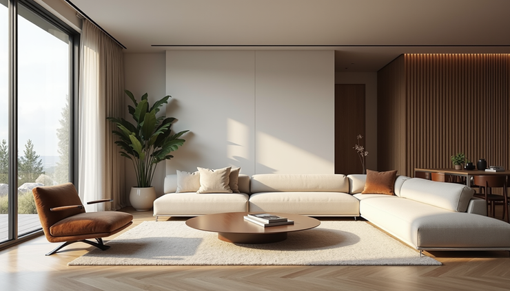 Góc nhìn ngang của phòng khách hiện đại với nội thất sang trọng và ánh sáng tự nhiên