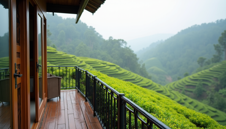 Cận cảnh homestay Bảo Lộc với ban công nhìn ra đồi chè xanh mướt