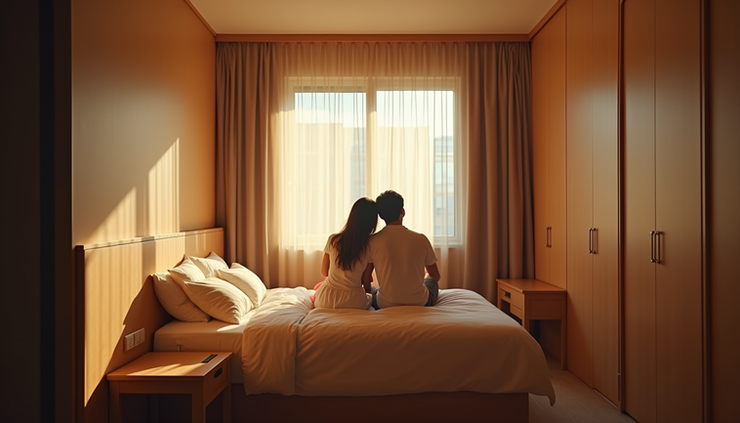 Góc nhìn ngang của phòng nghỉ dưỡng riêng tư với ánh sáng ấm áp và giường đôi thoải mái