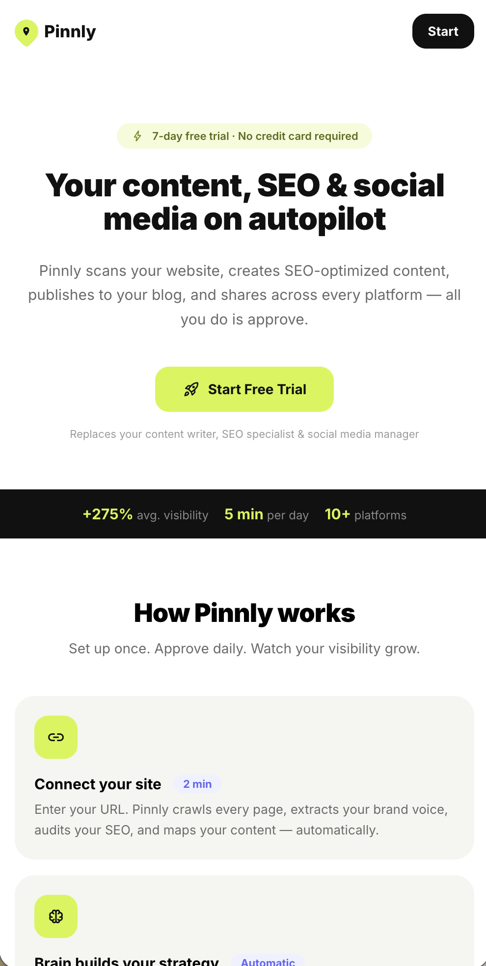 Pinnly — SEO & GEO tööriist mobiilivaade