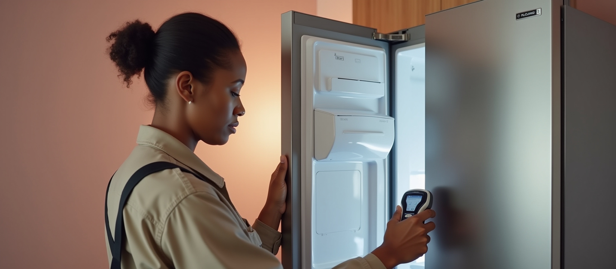 A technician diagnosing the fridge and fixing it for the customer