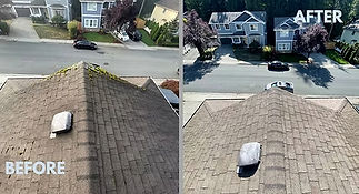 Pictures of before and after of a roof cleaning job
