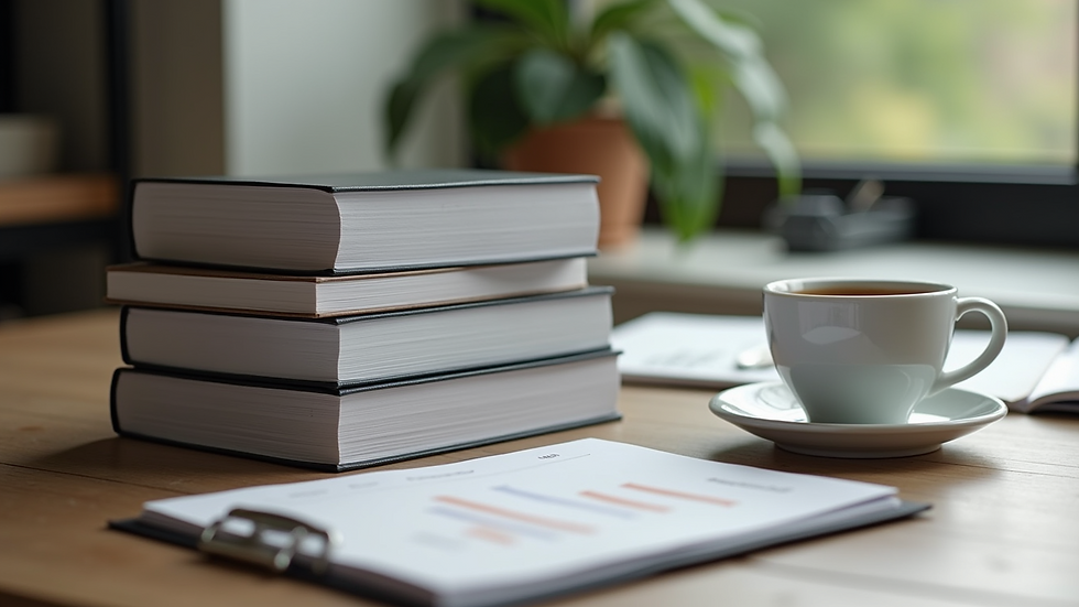 Eye-level view of a stack of financial books