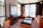 Modern living space with warm sofas and bright windows