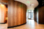 Modern hallway with curved wooden wall, quality construction.