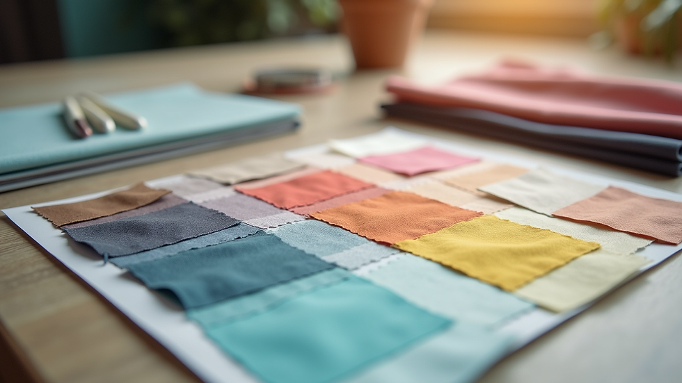 Eye-level view of a color palette and fabric samples on a table