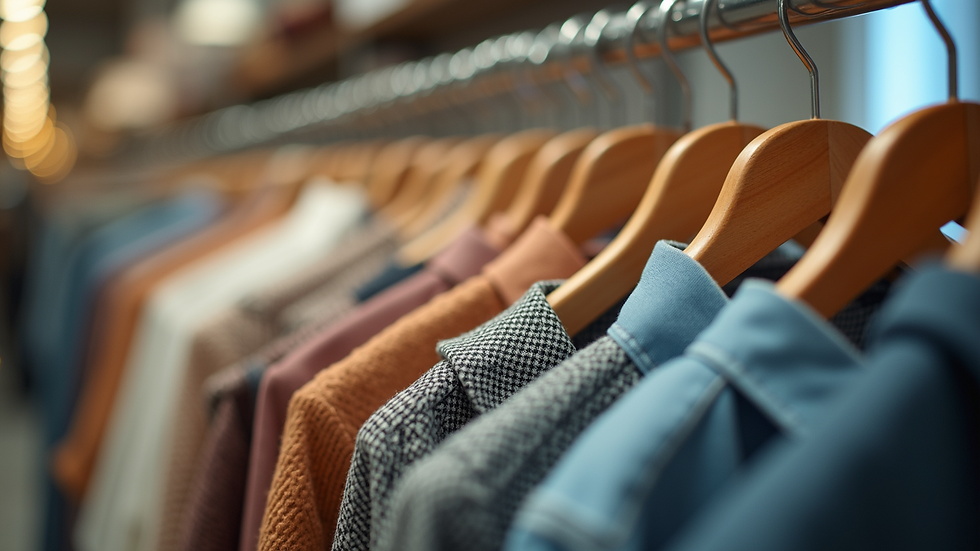 Close-up view of a personal shopping session with clothes on hangers