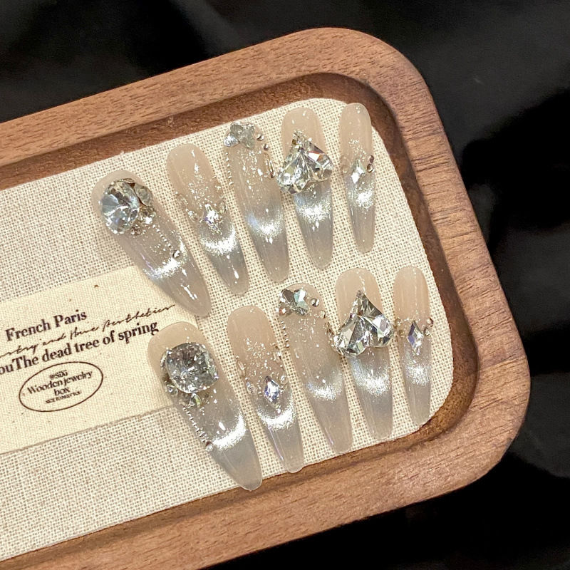 Thumbnail: 10pcs Pink Cat Eye False Nails 3D Butterfly Fake Nails Diamond Pearl Press on Na