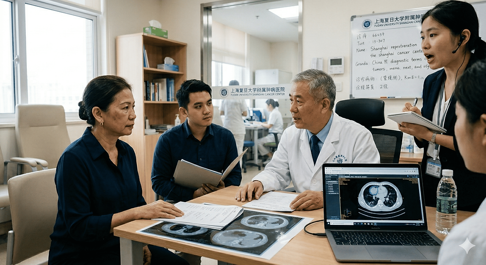 Ethnic Chinese-Indonesian cancer patient in consultation for an advanced cancer treatment with a Chinese oncologist assisted by a medical interpreter at a top cancer hospital in China