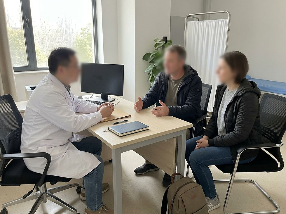 Illustrative consultation between a Chinese doctor, an international patient and a caregiver, with faces blurred.