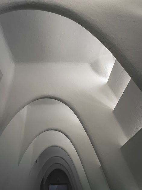 Primo piano del soffitto della Casa Batlló, con arcate e curve che si susseguono in un design fluido e organico, tipico dello stile di Gaudí.