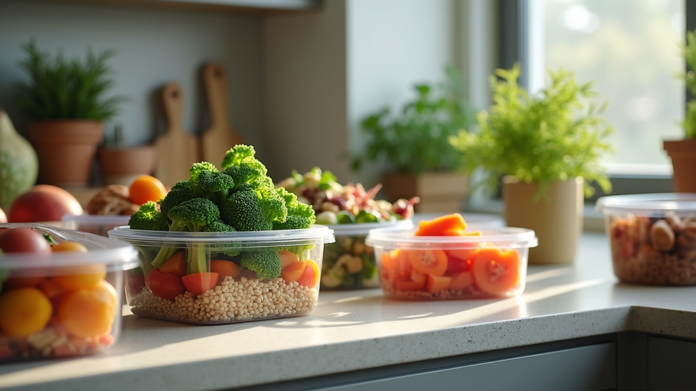 Eye-level view of a kitchen counter with pre-portioned containers of colorful meals ready for the week