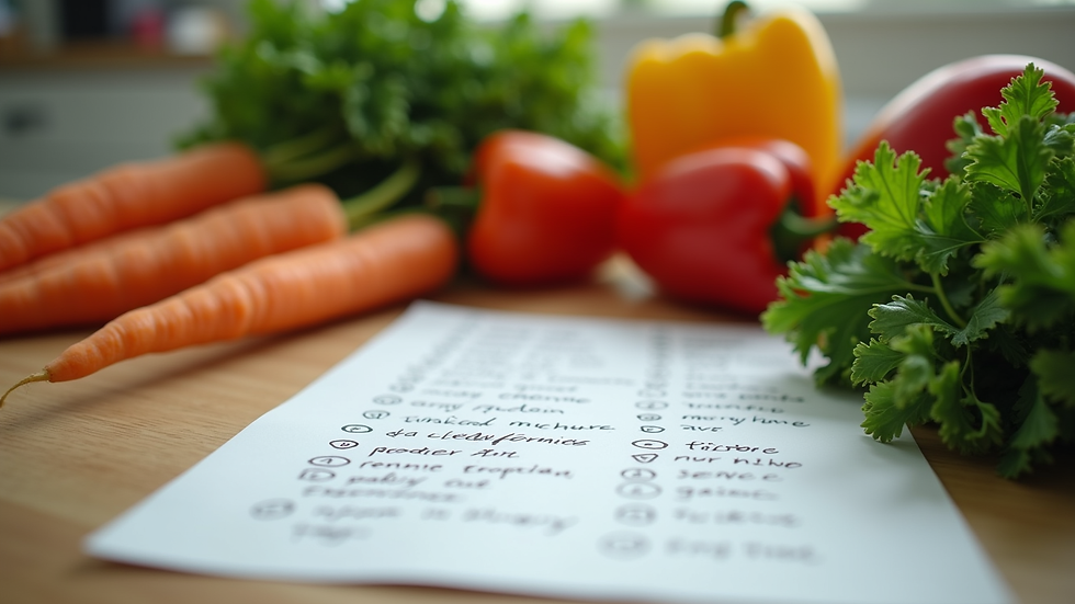 Close-up of a grocery list and fresh vegetables on a kitchen table