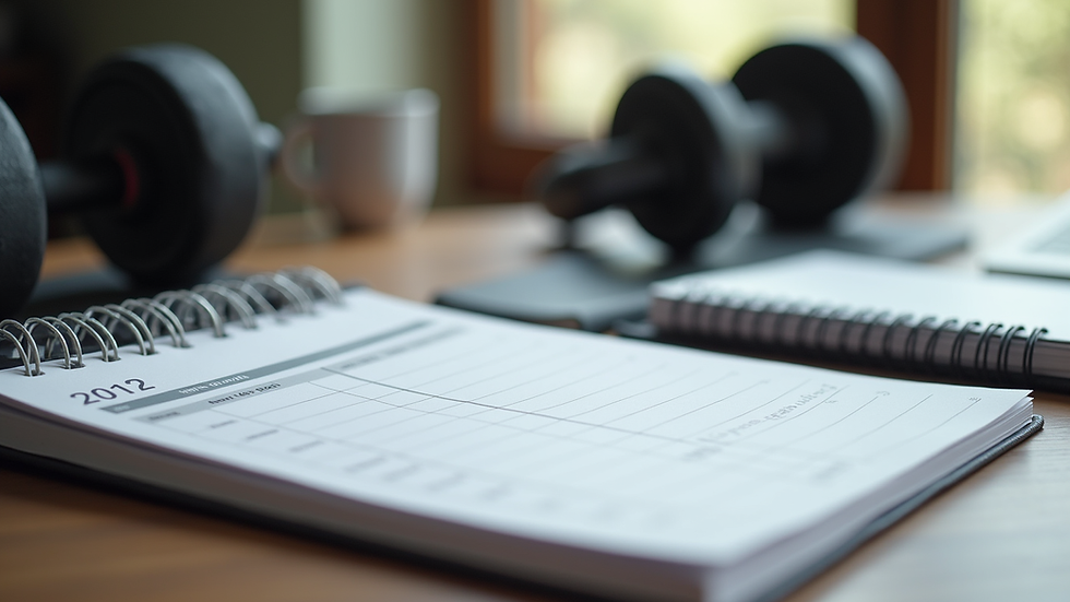 Eye-level view of a fitness planner and workout gear on a desk