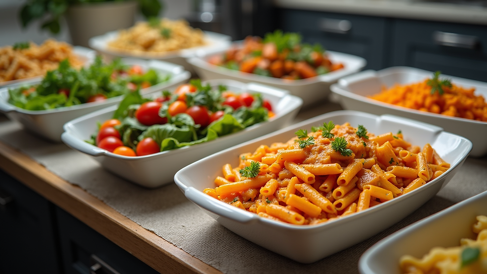 High angle view of a kitchen table with a variety of prepared meals including pasta, salad, and roasted vegetables