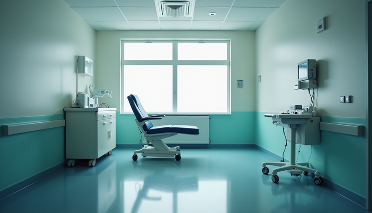 Eye-level view of a hospital room with medical equipment and a single chair