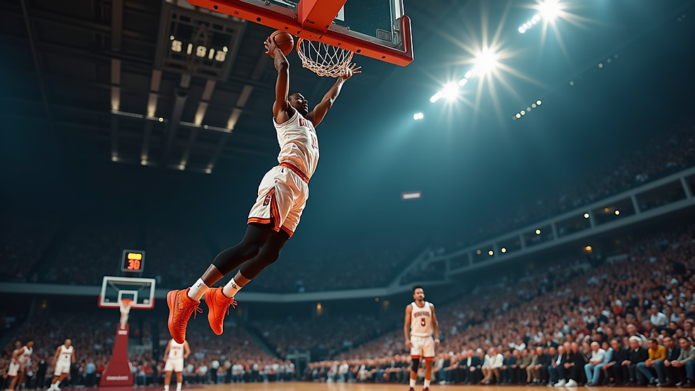Close-up view of a basketball player jumping to dunk the ball