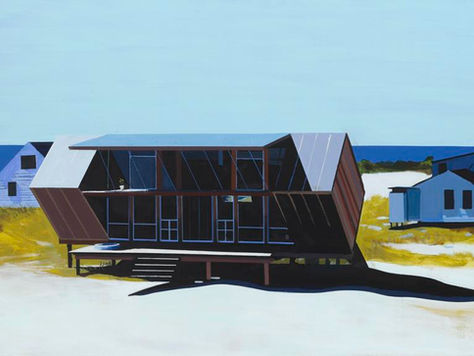 Painting of a house titled Fire Island by Jessica Brilli