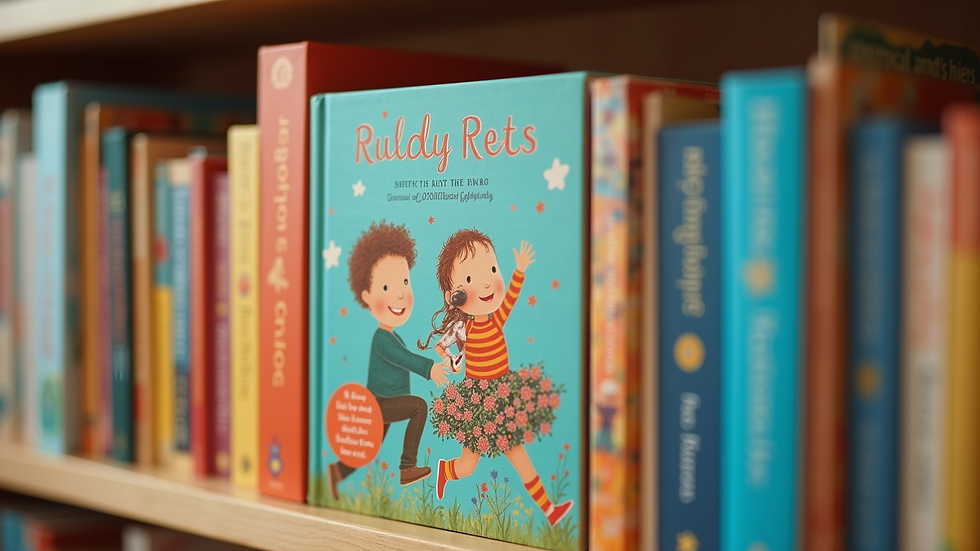 Close-up view of a colorful children's audiobook cover on a shelf