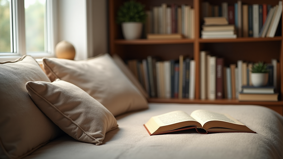 Eye-level view of a cozy reading nook with pillows and a small bookshelf