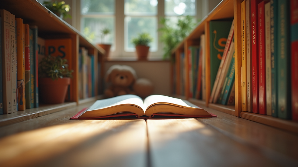 Eye-level view of a cozy reading nook with colorful children’s books