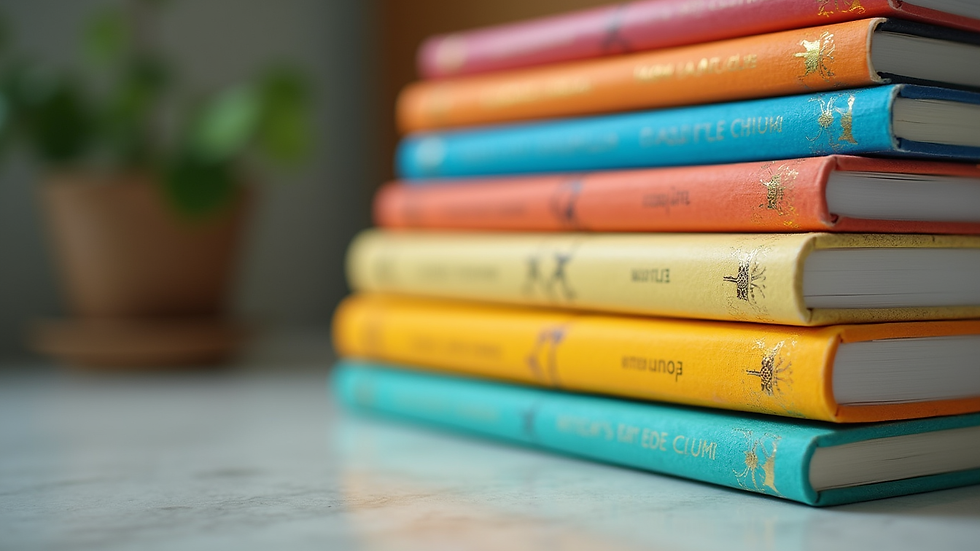 Close-up view of a stack of colorful children's story books
