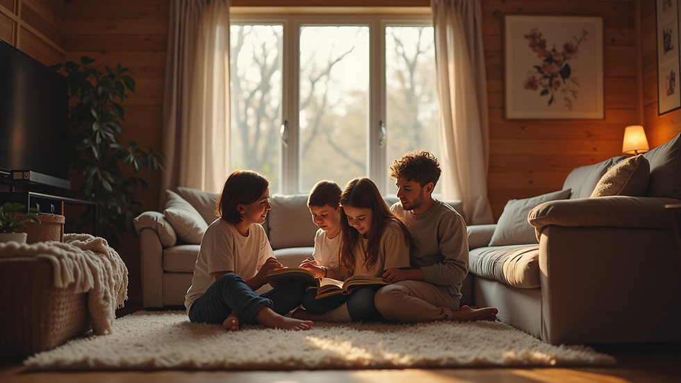 Eye-level view of a cozy living room with a family reading a book together