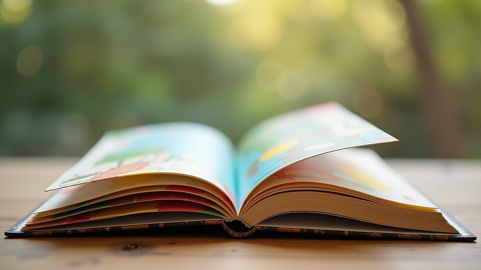 Close-up view of a colorful children's book open on a wooden table