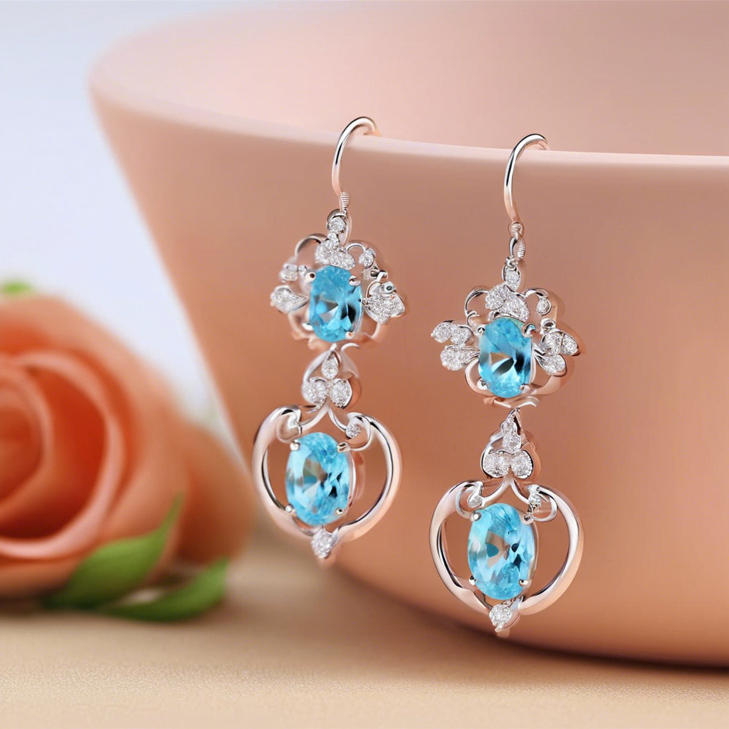 Blue Gemstone Floral Drop Earrings in silver