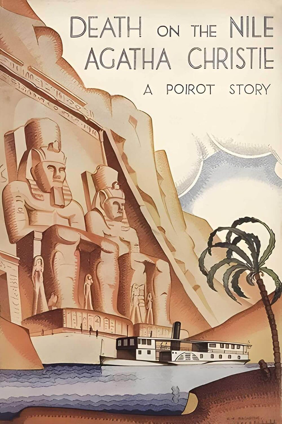 Illustration of a riverboat on the Nile beneath Egyptian statues carved in stone. Text reads: "Death on the Nile, Agatha Christie, A Poirot Story."