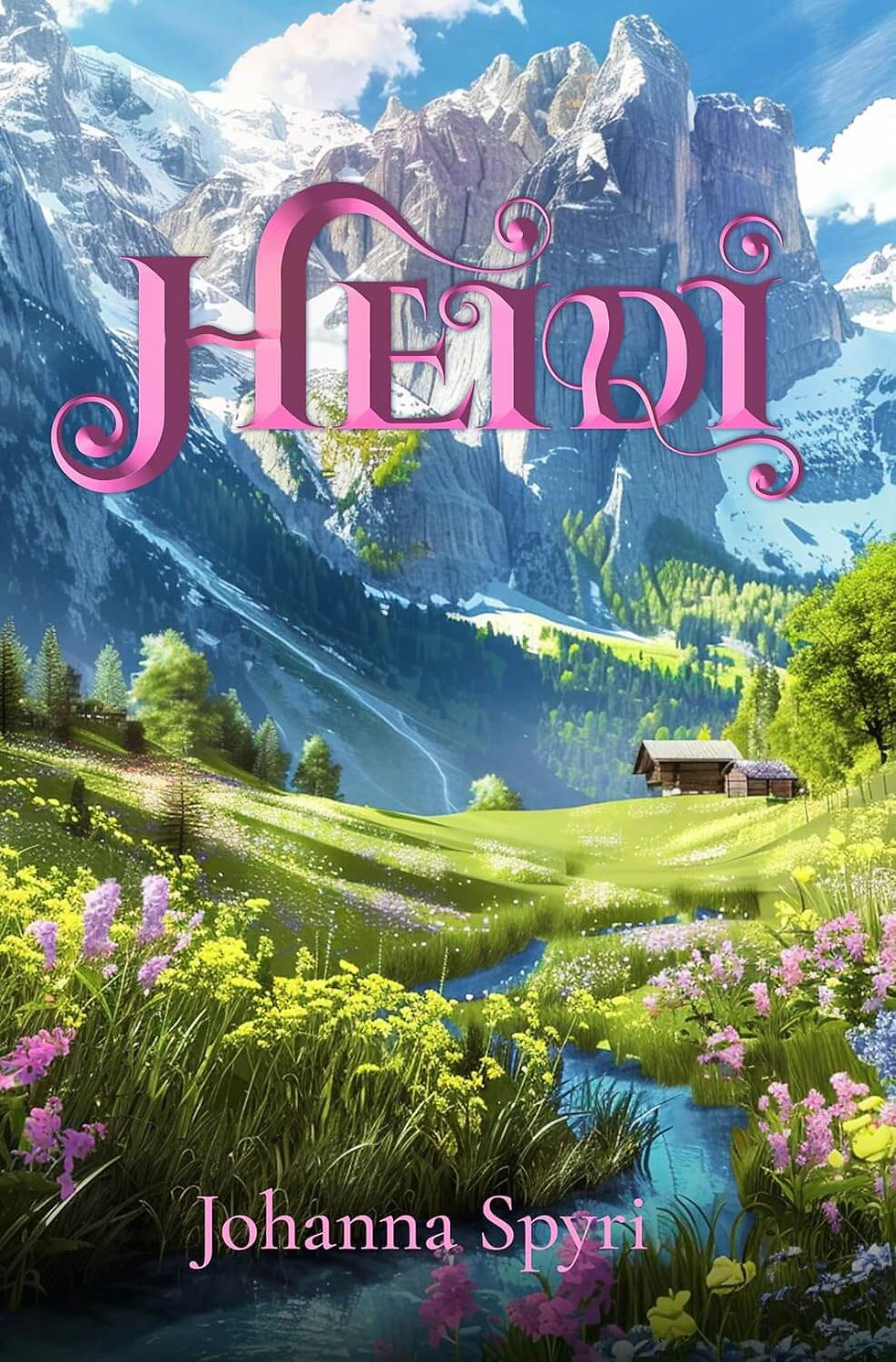 Mountain landscape with vibrant flowers, a stream, and a cabin. "Heidi" in pink text above and "Johanna Spyri" below. Peaceful scene.