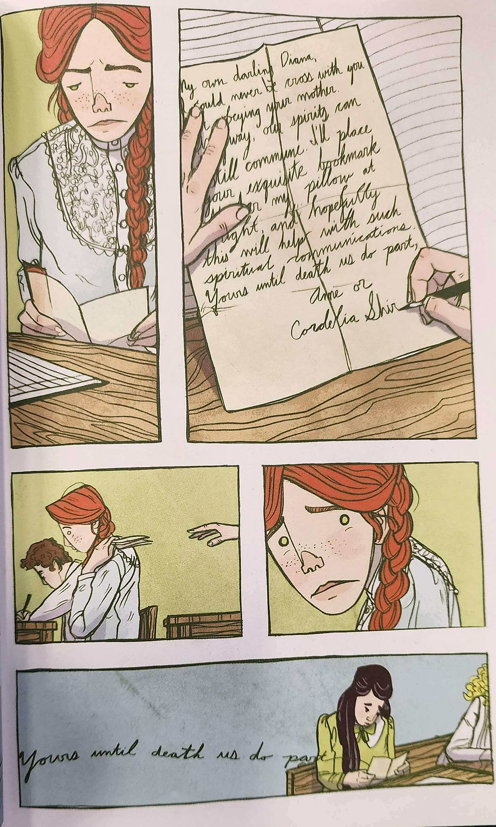 Comic panels show a red-haired girl reading a handwritten letter to Diana, looking sad and wary in a classroom setting.