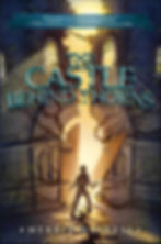 A person stands at cracked castle doors with glowing light behind. Text: "The Castle Behind Thorns" by Merrie Haskell. Mysterious, adventurous mood.